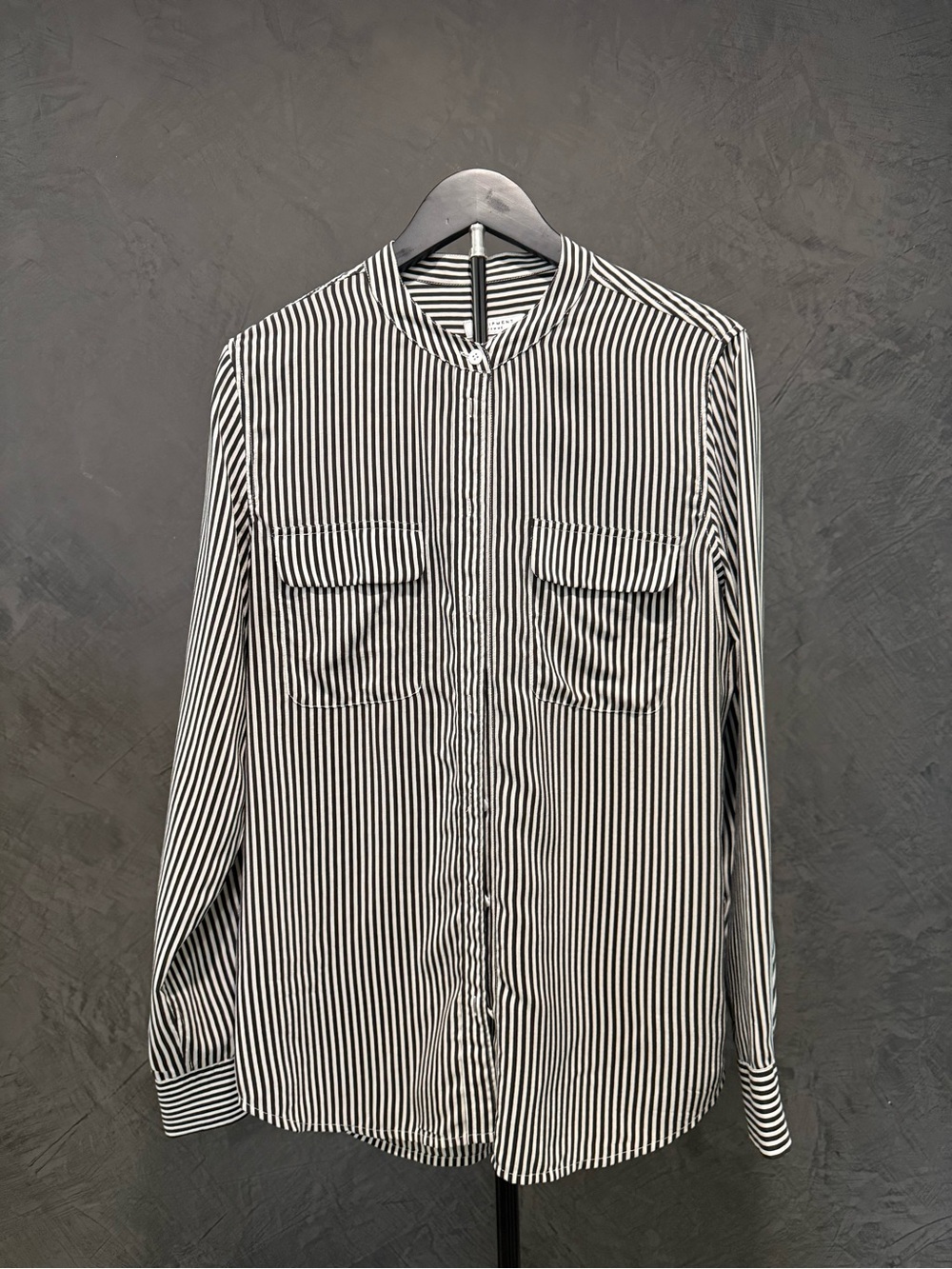 Equipment Black & White Vertical Stripe Band-Collar Shirt size M